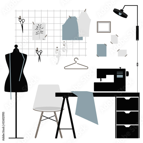 Table icon. Sewing, handmade, hobby. Cozy and comfortable workplace, office, minimalist scandinavian interior, freelance. Sweet Home. Great for postcards, textiles, stickers. Isolated white background