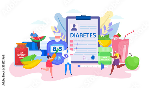Diabetes concept vector illustration. Cartoon flat doctor character advising tiny patient people in healthy lifestyle, eating sugarfree food. Diabetic diagnosis medicine concept icon isolated on white