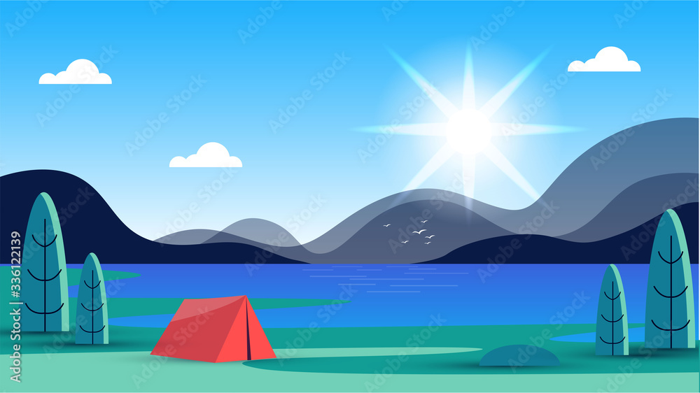 beautiful vector landscape with a lake, trees and a tent on a sunny day
