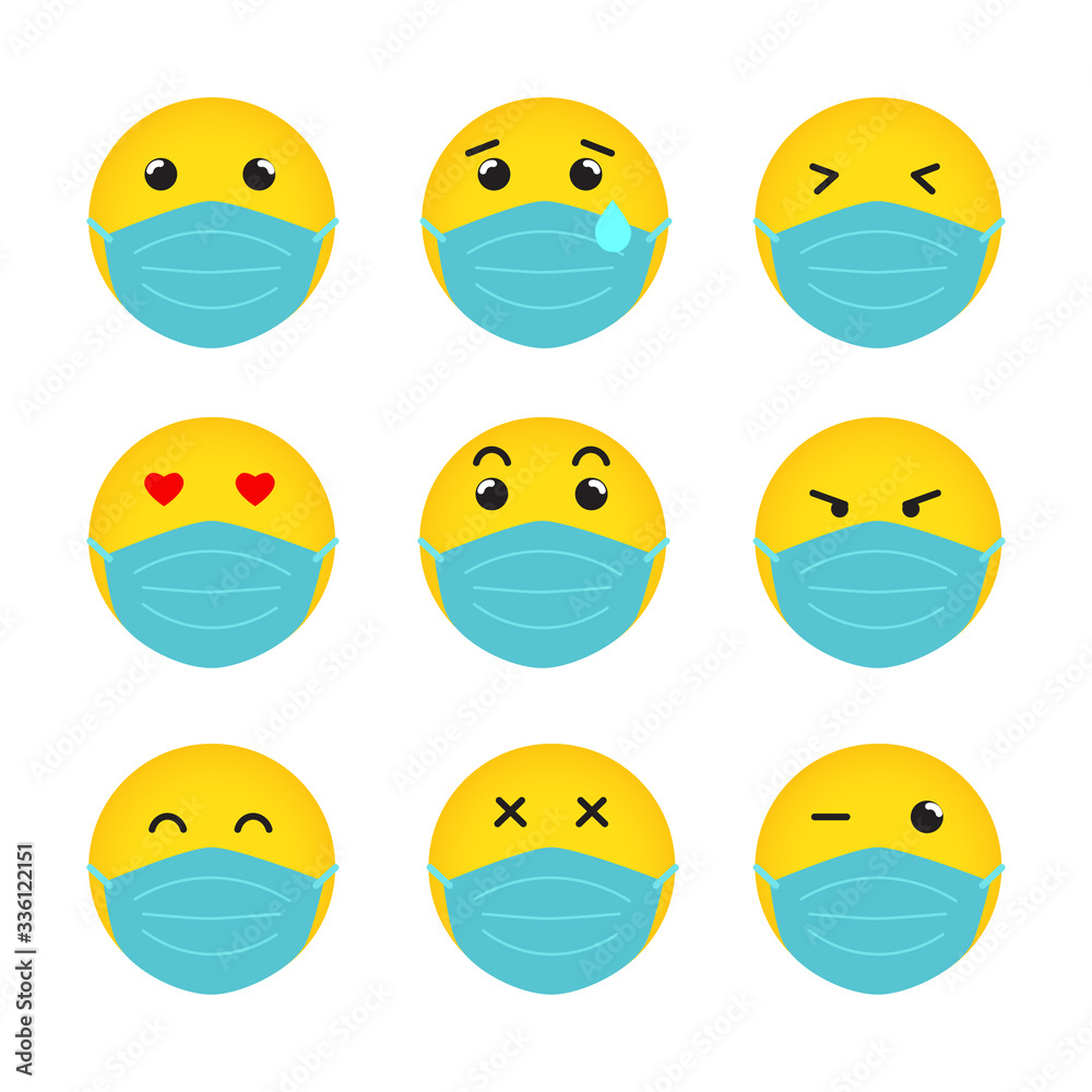 emoticon with medical mask, emoji Covid-19 concept, vector illustration