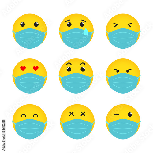 emoticon with medical mask, emoji Covid-19 concept, vector illustration