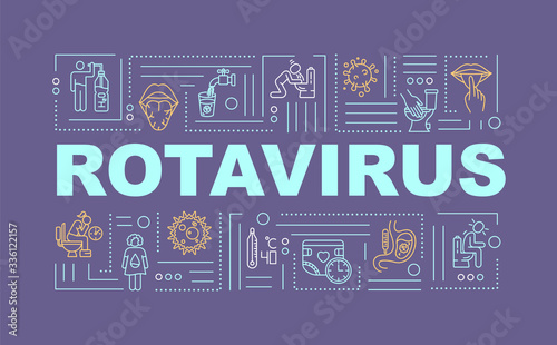 Rotavirus word concepts banner. Illness symptoms. Health care problem. Infographics with linear icons on purple background. Isolated typography. Vector outline RGB color illustration