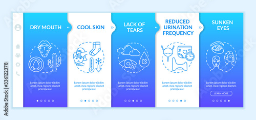 Rotavirus symptoms onboarding vector template. Reduced urination frequency viral infection sign. Responsive mobile website with icons. Webpage walkthrough step screens. RGB color concept