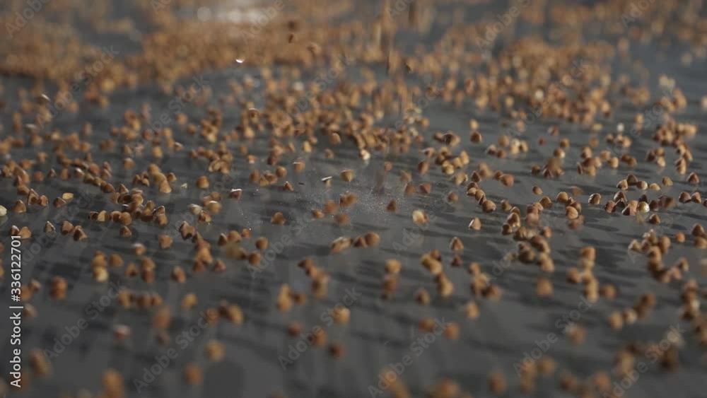 Buckwheat falls on a glass table. Slow motion side view.