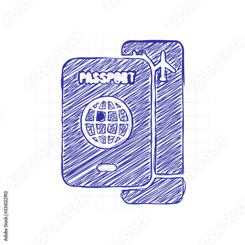 passport, boarding pass. air travel concept. Hand drawn sketched picture with scribble fill. Blue ink. Doodle on white background