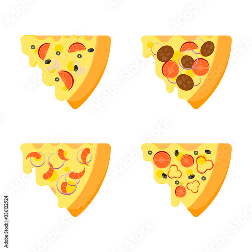 Pizza slices flat icons set. Italian food. Vegetarian food. Vector illustration in cartoon style.
