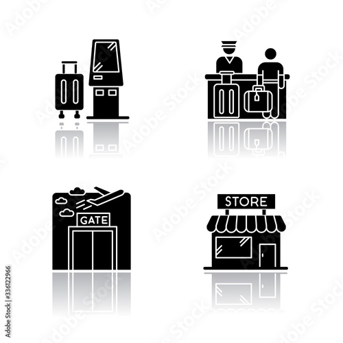 Airport terminal drop shadow black glyph icons set. Self service kiosk to check in. Boarding registration desk. Gate window. Checked baggage. Isolated vector illustrations on white space