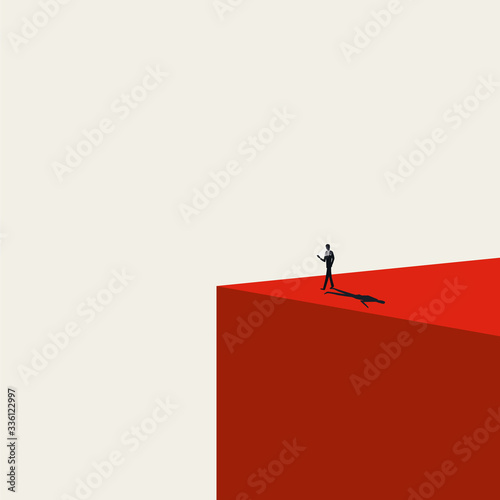 Smartphone addiction vector concept with man walking with phone in hand to abyss. Social media, networks symbol.