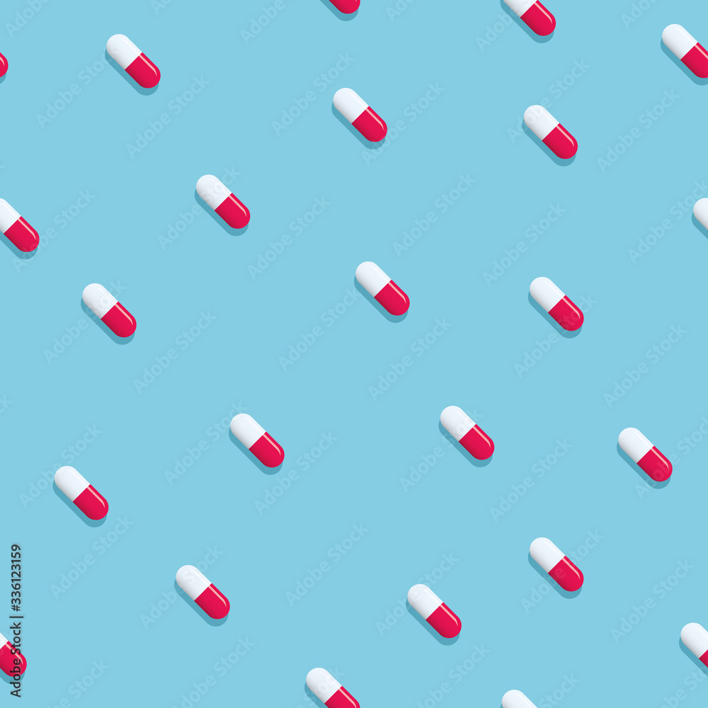 Pills seamless pattern medical background vector. Red and white capsules, cure, treatment for disease, virus. Pills seamless pattern medical background vector. Red and white capsules, cure, treatment for disease, virus.