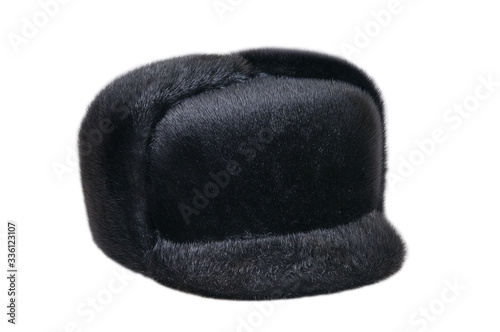 Black fur men's hat on a white background.