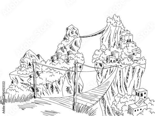Town mountain graphic black white landscape sketch illustration vector