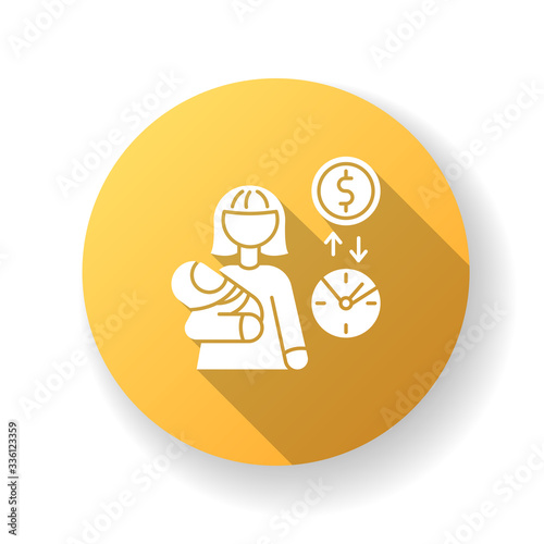 Babysitter pay rate yellow flat design long shadow glyph icon. Income from babysitting services. Earn money for child care. Woman with infant baby. Silhouette RGB color illustration