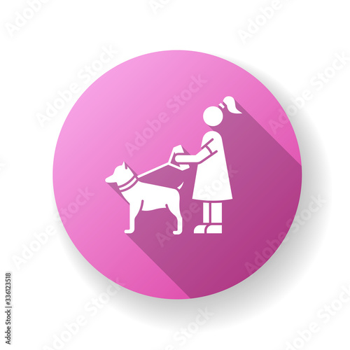 Pet sitting pink flat design long shadow glyph icon. Woman with dog on leash. Pet owner. Obedient domestic animal. Trainer service. Girl walk outdoor. Silhouette RGB color illustration