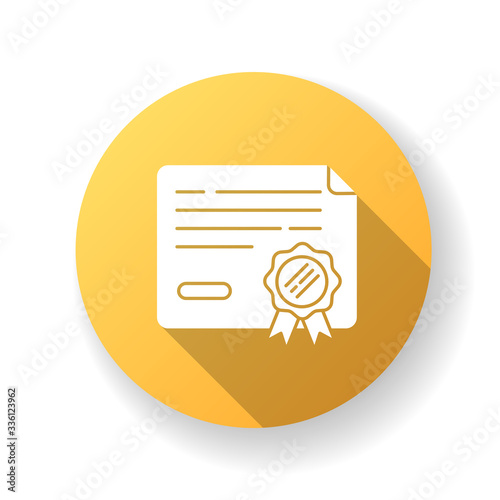Certificate yellow flat design long shadow glyph icon. College degree. University paper. Official contract. Scholarship document. Professional qualification. Silhouette RGB color illustration