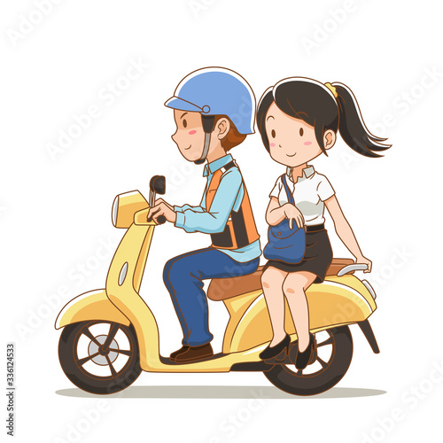 Cartoon character of  motorbike taxi rider and the girl riding pillion on a motorcycle taxi.