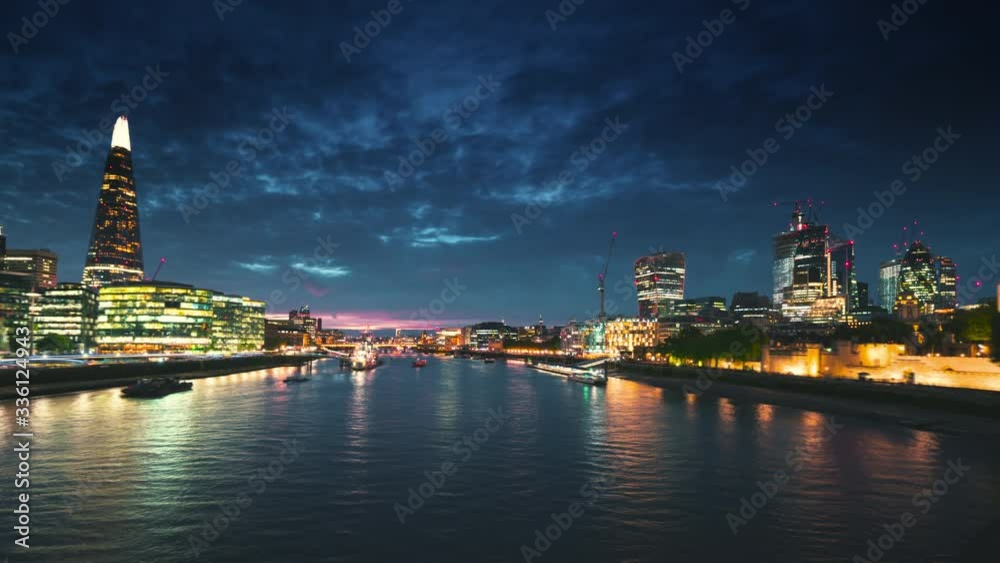 hyper lapse of sunset, London skyline from the Tower Bridge, UK