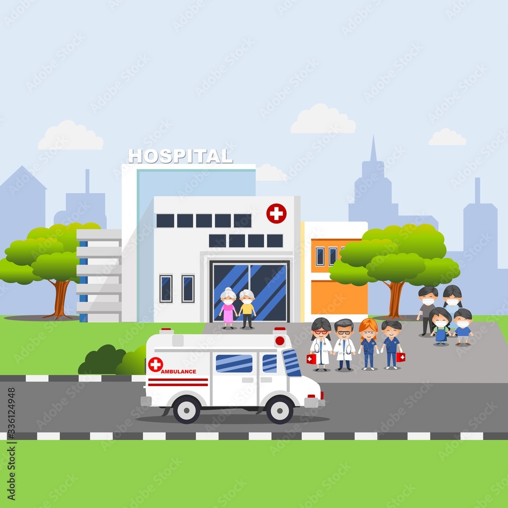 Medical concept with hospital building and doctor in flat style. Panoramic background with hospital building, doctors, nurses, patient  and ambulance car in flat style.