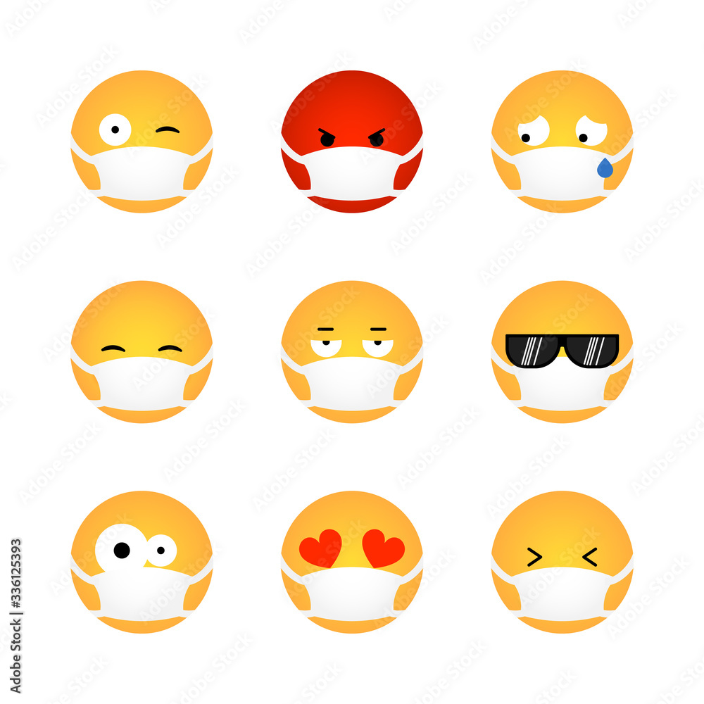 Set of Kawaii emoticon with medical mask isolated on white background. Corona virus protection concept. Emoji flat design for social media chat, web, infographics, apps. Vector illustration Set of Kawaii emoticon with medical mask isolated on white background. Corona virus protection concept. Emoji flat design for social media chat, web, infographics, apps. Vector illustration