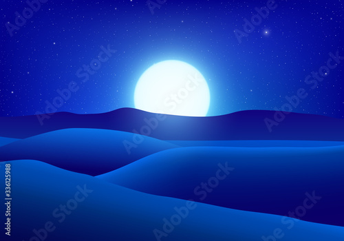 Desert at night. Summer design starry dark sky with glowing full moon. Sand dunes, mountains in the background. Copy space for the text.