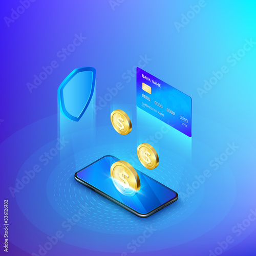 Mobile phone and falling gold coin credit card and shield concept of banking online or deposit money isometric banner. Security of banking account or payment service. Vector