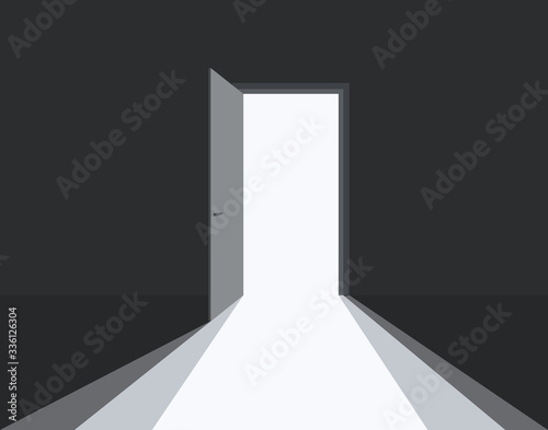 Open Door in dark room symbol of hope or solution. Light in room through open door. Vector illustration © Ihor