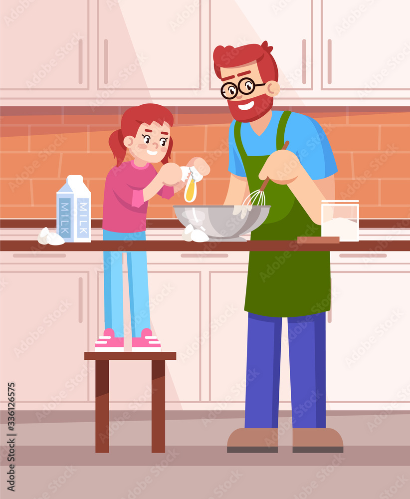 Father and daughter making dough together semi flat vector illustration. Parent and child cooking pastry, family members mixing ingredients 2D cartoon characters for commercial use Father and daughter making dough together semi flat vector illustration. Parent and child cooking pastry, family members mixing ingredients 2D cartoon characters for commercial use