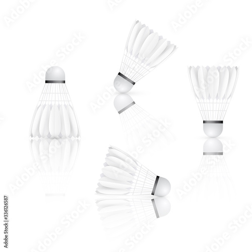 Set of Shuttlecock with reflection. Badminton - sport equipment. Vector illustration isolated on white background