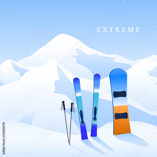Ski resort. Skiing and snowboard on hillside and mauntins landscape. Extreme activity banner. Vector