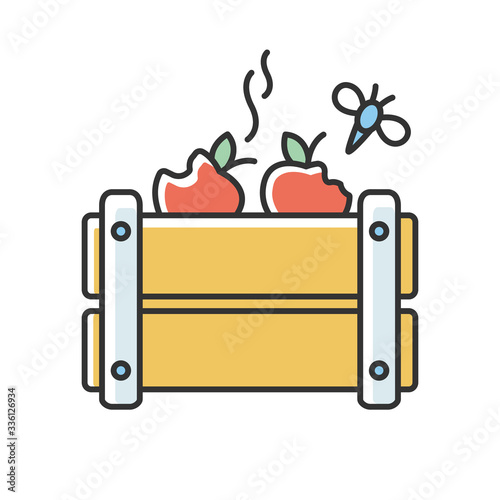 Merchandise spoilage RGB color icon. Rotten fruits, spoiled products, damaged package. Improper storage and transportation result. Goods damage. Isolated vector illustration
