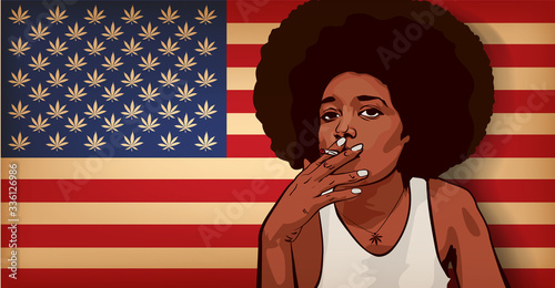 Girl smoking cannabis. Usa flag with cannabis leaf. Afro hair.