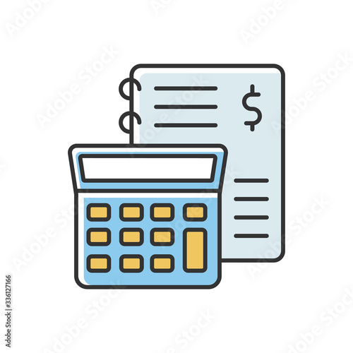 Financial accounting yellow and blue RGB color icon. Inventory management, bookkeeping, audit and report. Income and expenses calculating. Isolated vector illustration