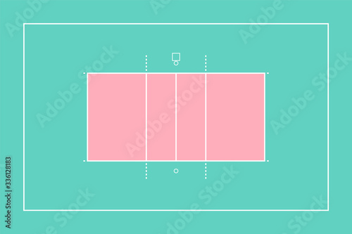 Imitation of a professional sports volleyball court. Flat style top for easy use in strategy or background. White marking lines on pastel colors.