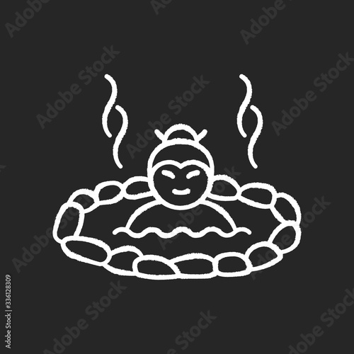 Hot spring chalk white icon on black background. Japanese onsen. Spa resort for recreation. Volcanic pool for resting. Outdoor geothermal resort. Isolated vector chalkboard illustration