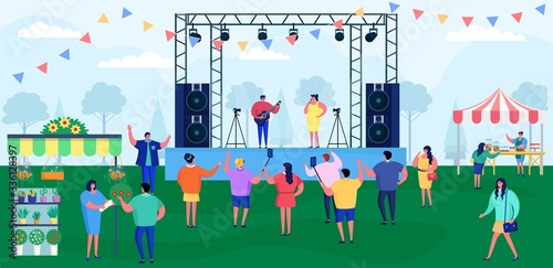 Cartoon people on music festival vector illustration. Flat festivalgoer characters crowd have fun on live concert show with group of musicians and singer on stage. Outdoor fest performance background