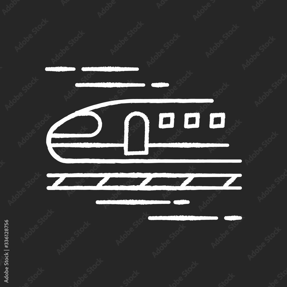 Train chalk white icon on black background. High speed shinkansen. Japanese bullet train. Rapid transit. Railway for traveling. Tourism transportation. Isolated vector chalkboard illustration Train chalk white icon on black background. High speed shinkansen. Japanese bullet train. Rapid transit. Railway for traveling. Tourism transportation. Isolated vector chalkboard illustration