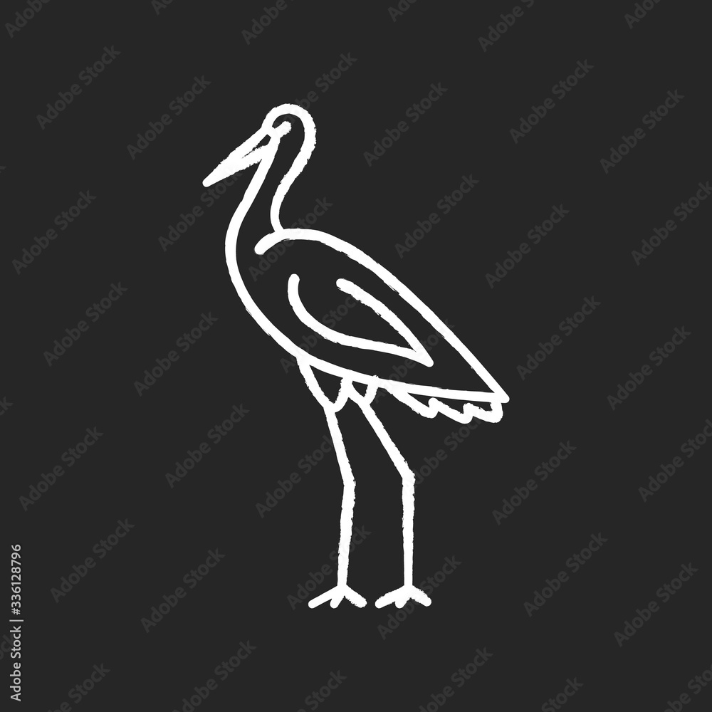 Crane bird chalk white icon on black background. Heron standing in pose. Elegant animal in stance. Japanese bird with long neck. Fauna and wildlife. Isolated vector chalkboard illustration