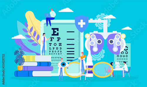 Ophthalmology, eye health vector illustration. Cartoon flat tiny myopia patient character on examination checkup, treatment by doctor ophthalmologist. Optometry medical healthcare concept background