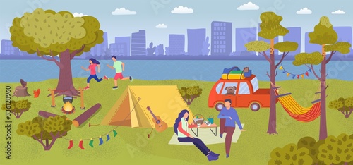Camping picnic in summer forest vector illustration. Cartoon people eating food near tourist camp with tent, flat couple camper characters running in park. Active summertime tourism, sport activity