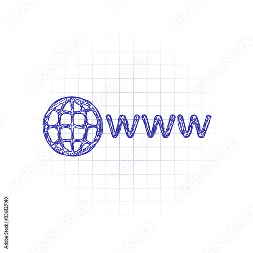 symbol of internet with globe and www. Hand drawn sketched picture with scribble fill. Blue ink. Doodle on white background
