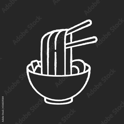 Ramen chalk white icon on black background. Instant noodles in bowl with chopsticks. Traditional japanese soba. Asian cuisine dish. Chinese culinary meal. Isolated vector chalkboard illustration