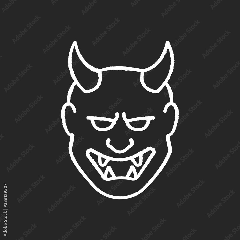 Japanese mask chalk white icon on black background. Hannya face. Evil mythological creature from japan folklore. Noh theater attribute. Asian souvenir. Isolated vector chalkboard illustration Japanese mask chalk white icon on black background. Hannya face. Evil mythological creature from japan folklore. Noh theater attribute. Asian souvenir. Isolated vector chalkboard illustration