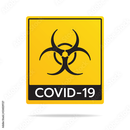 A biohazard sign of coronavirus threat has a square shape and an acronym of COVID-19 is isolated on a white background.
Flat vector illustration, EPS 10.