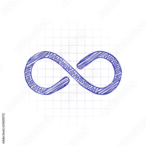 infinity symbol, simple icon. Hand drawn sketched picture with scribble fill. Blue ink. Doodle on white background