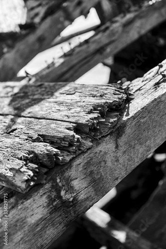 Abstract image of old Wooden boat wreck carcass, black and white