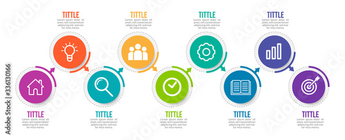 Minimal Business Infographics template. Timeline with 9 steps, options and marketing icons .Vector linear infographic with nine conected elements. Can be use for presentation.
