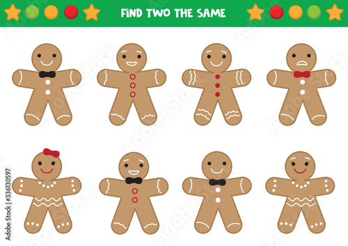 Find two the same gingerbread men. Educational worksheet for preschool kids