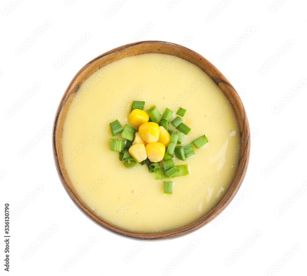 Delicious corn cream soup isolated on white, top view Delicious corn cream soup isolated on white, top view