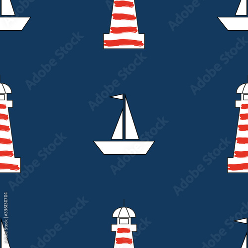 lighthouse and Ship seamless pattern on blue background