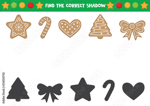Find the correct shadows of gingerbread cookies. Educational worksheet for preschool kids