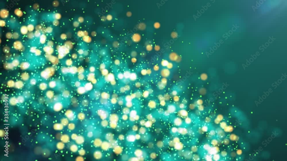 Green shiny sparkling particles move. It is bright festive background with glittering particles depth of field bokeh Green shiny sparkling particles move. It is bright festive background with glittering particles depth of field bokeh